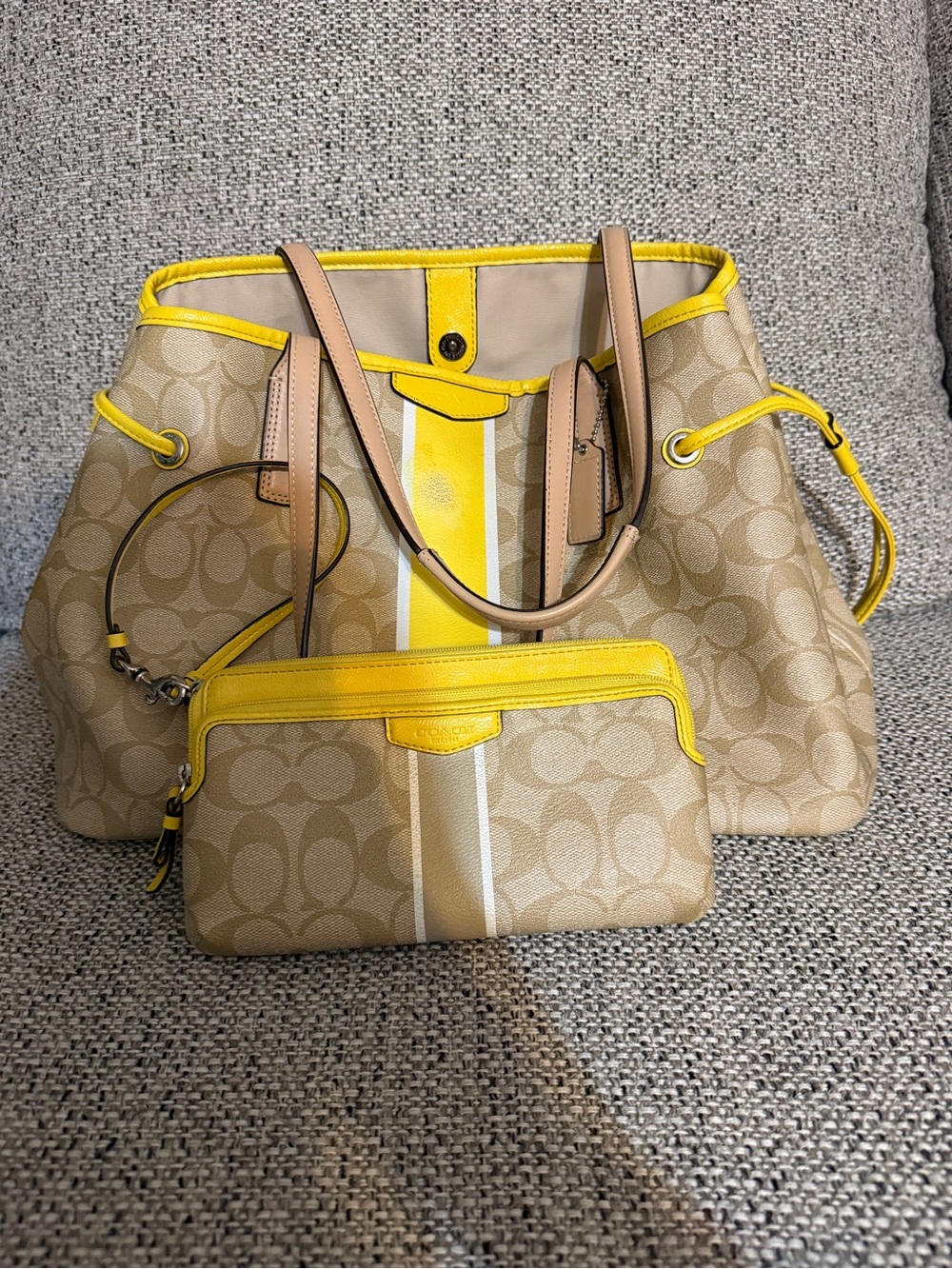Coach Beige Signature Tote with Yellow Trim and Tan Handles